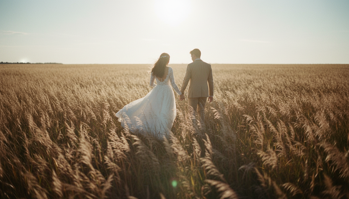 Casal caminhando ao pôr do sol